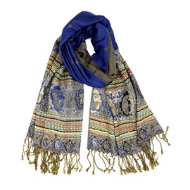 Achillea Reversible Bohemian Pashmina Ethnic Tribal Border Shawl Wrap Scarf (Royal Blue)