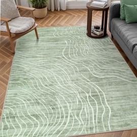 5x7 Sage Green Modern Abstract Area Rugs for Living Room, Washable Rugs for Nursery Bedroom, Non-Slip Minimalist Neutral Wave Striped Rugs for Playroom Boys, Throw Accent Rug Carpet for Dining Room