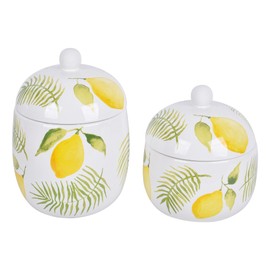 Temp-Tations Canisters Sets for Kitchen Countertop, Lemons and Palm - Set of 2 Ceramic Kitchen Canisters Food Storage Jar with Airtight Lids, Flour and Sugar Containers for Coffee Grounds, Tea Leaves