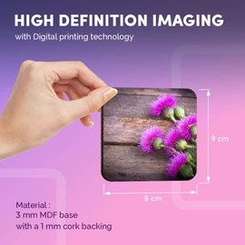 Destination Vinyl ltd Great Coasters (Set of 4) Square - Purple Scottish Thistle Drink Glossy Coasters/Tabletop Protection for Any Table Type #3645