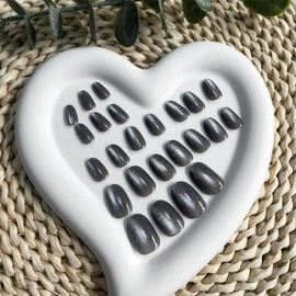 Gray Press on Nails Short Oval Cat Eye Almond Fake Nails with Pearl Light Chrome Design Stick on Nails Full Cover Grey Glitter Acrylic Artificial False Nails Glue on Nails for Women Manicure 24pcs