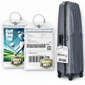 Golf Bag Luggage Tag - Extra Large 9" x 6", Waterproof Plastic Zipper Pouch, PVC Tags for Golf Bag - Sealable Label Holder (2)