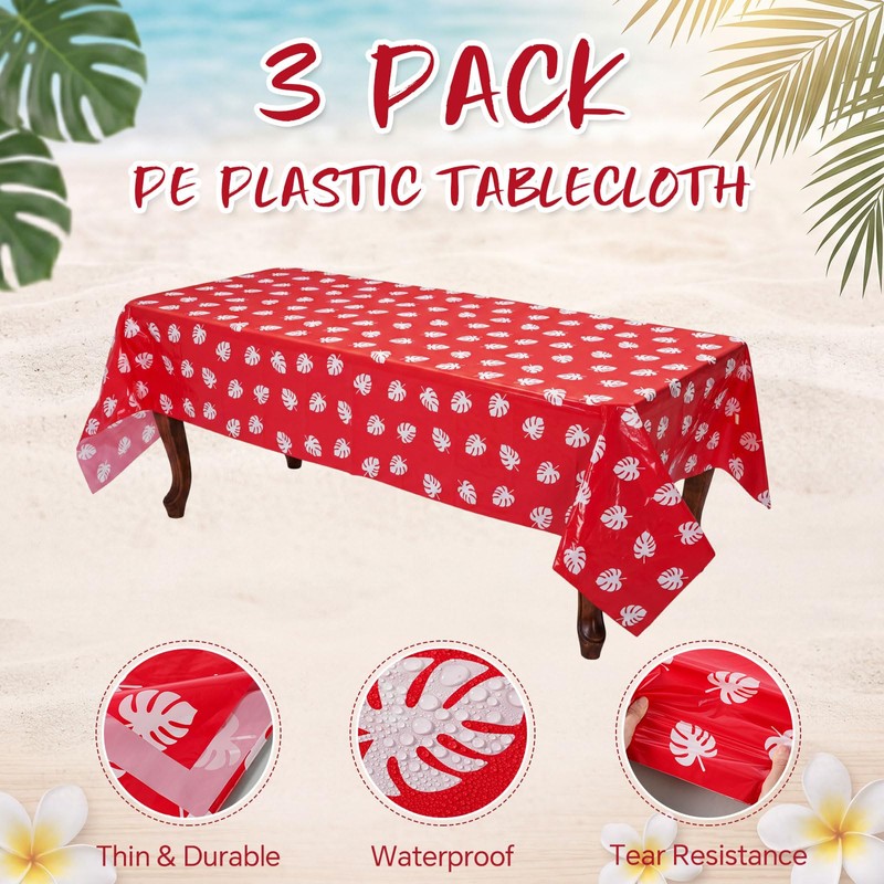Fanfanwin 3 Pcs Hawaiian Luau Tablecloths Red and White Tropical