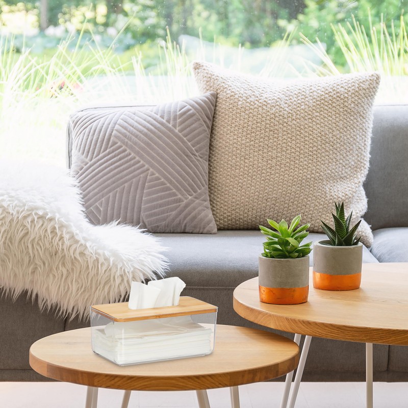 Relaxdays Tissue Box, Plastic & Bamboo, Cosmetic Tissue Box, Square