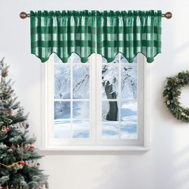 NICETOWN Christmas Green Plaid Valances for Windows, Small Curtains for Kitchen, Rod Pocket Scalloped Valances for Basement Living Room Bedroom Decor, 1 Panel, 52" W x 18" L, Green & White