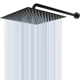 Voolan All Metal Shower Head with Extension Arm, Stainless Steel Waterfall Rainfall Showerhead, High Flow Bathroom Square Large Rain Shower Head (12’’ Shower Head with 15’’ Shower Arm, Black)