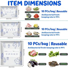 3 Size Reusable Aluminum Foil Food Storage Bags with Zipper Closure, 30 Pack Clear, Stand Up Foil Sealable Bags with Label and Zip Lock for Vegetable Fruit Meat Freezer Safe, Washable