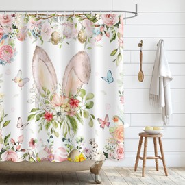 APROPHIC Shower Curtain Spring Easter Bunny Rabbit Shower Curtains 180 x 180 cm Flower Plant Bath Curtain Waterproof Polyester Fabric Bathroom Curtain with 12 Hooks