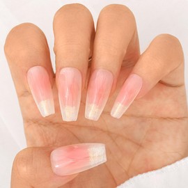 Sethexy French Long Coffin Pink False Nails Handmade Blush Gradient Nails for Press-on Shiny Glitter False Nails Acrylic Glittering Nail in Salon Quality for Women and Girls