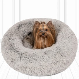 Friends Forever Coco Cat Bed, Faux Fur Dog Beds for Medium Small Dogs - Self Warming Indoor Round Pillow Cuddler, Small , Grey