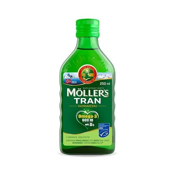 Möller's Omega 3 Cod Liver Oil | Nordic Omega 3 Dietary Supplement with EPA, DHA, Vitamin A, D, E | Superior Taste Award | High Purity Natural Cod Liver Oil | Apple | 250 ml