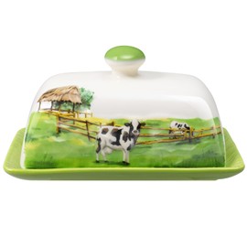 Cow Butter Dish with Lid for Countertop, Large Ceramic Embossed Butter Keeper Holder Storage, Farmhouse Butter Container Tray for East & West Coast Butter, Housewarming Mothers Day Gift Kitchen Decor