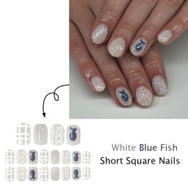 24 Pcs Short Square Press on Nails Summer Ocean Fake Nails with Shell Starfish and Fish Design Nude False Nails 3D Line Acrylic Nails Glossy Full Cover Stick on Nails Press ons Nails for Women