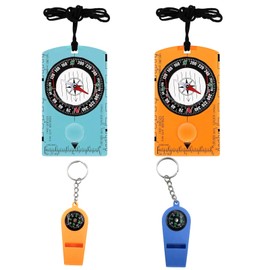 4 Pcs Multifunctional Compass and Hiking Whistle Set, Compass Navigation, Camping Whistle with Key Ring, Compasses for Map Reading, Navigation, Hiking, Camping, Survival Situations (Orange and Blue)