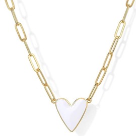 OKKEDY Lovely 14K Gold Plated Heart Enamel Pendant Necklace for Women, Paperclip Chain, White Pink Blue Purple Enamel Love Heart Charm Pendant Valentine's Day Gift