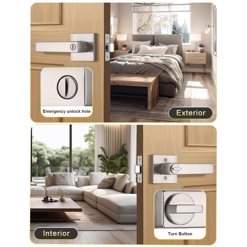 Tinewa 5 Pack Privacy Square Brushed Nickel Door Handles Interior,