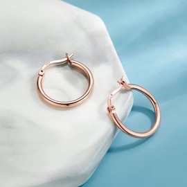 Sterling Silver Hoops Earrings for Women, Small Silver Hoop Earrings, Rose Gold Plated 15mm Hypoallergenic Sleeper Endless Circle Hoops Huggie Hinged Earrings Set for Women Girls