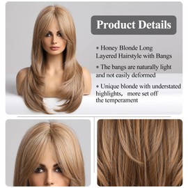 HAIRCUBE Blonde Wigs for Women,Long Layered Wigs with Bangs Heat Resistant Synthetic Fibre Wigs(pelucas de cabello natural)