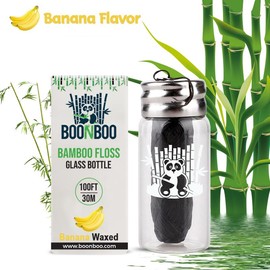 BOONBOO Dental Floss | 100FT/30M Bamboo Charcoal Woven Fiber | Refillable Glass Bottle Dispenser with Cutting Lid | Teeth Flosser with Holder - Style: Banana