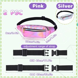 EXTRAPINS Pack of 2 Women's Bum Bag, 2 Compartments, Waterproof Waist Bag, Glitter Bum Bag, Leather Belt Bag, Adjustable Strap, Waist Bag for Outdoor Sports, Travel, Hiking (Silver + Pink),