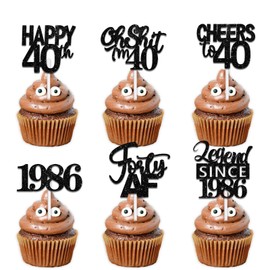 18pcs Black Glitter Happy 40th Dessert Cupcake Topper Pick for Funny Legend Since 1986 Theme Decor Supplies Men Women Happy 40 Birthday Party Decoration