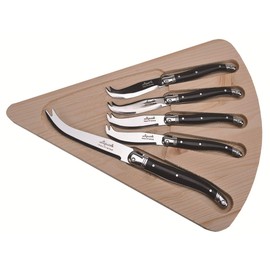 (D) Cheese Set of 5 Black Cutlery and French Vintage Hand Made Cheese Board (Black)