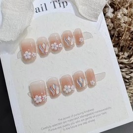 PQZQPAMZ Pink Square Press On Nails White Floral Short False Nails Spring Stick on Nails Full Coverage Acrylic Nails for Women DIY Flower Manicure Decoration Supplies