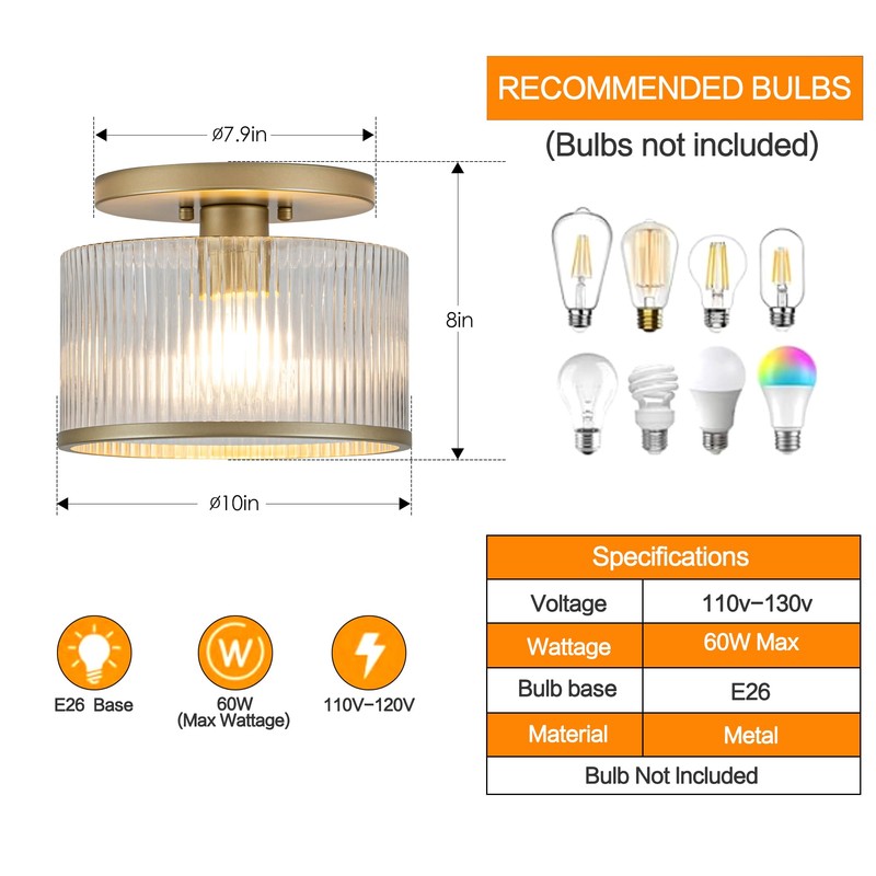 Zlepmlla Glass Ceiling Light, Clear Ribbed Glass Ceiling Light Fixture