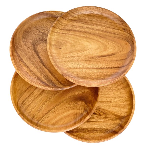 WRIGHTMART Set of 4 Round Wooden Plates - Handcrafted Acacia