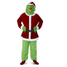 PashaLs 7PCS Christmas Green Monster Costume, Christmas Santa Suit for Adult Men with Mask, X-Large