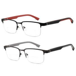 zooxsky 2 Pack Bifocal Metal Reading Glasses for Men,Classic Square Half Frame Near and Far Use Clear Top Bifocals Readers+1.75