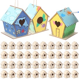 DoubleFill 24 Pack Wooden Bird Houses Crafts for Kids Bird House DIY Unfinished Wood Birdhouse Kit Wood Painting Kit to Build and Paint Unpainted Birdhouses for Children Gift DIY Art Activity