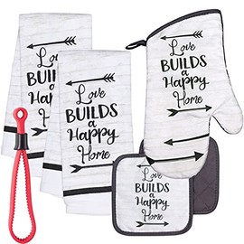Greenbrier Love Builds a Happy Home Sentimental Kitchen Linen Set - Set Includes: one Oven mitt, Two Pot Holders and Two Dish Towels