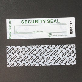 TamperSeals Group - 100pcs Partial Transfer Tamper Proof Security Warranty Void Stickers/Labels/Seals with Holographic Laser Print (White, 1 x 3.35 Inches, Serial Numbers)