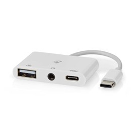 Nedis USB Multi-Port Adapter | USB 2.0 | USB-C Female | USB-A Female / USB-C Female / 3.5 mm Female | 480 Mbps | Round | Nickel Plated | PVC | White | Box