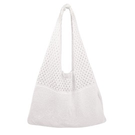 DIPZO Crochet Beach Bag, Summer Tote Bag for Women, Knit Mesh Shoulder Bag, White Boho Handbag for Travel, Shopping, School & Work