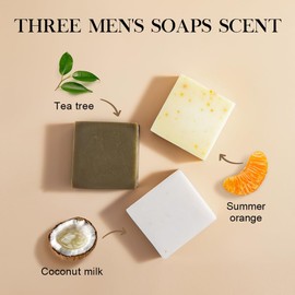 SKIRIFINE Natural Bar Soap for Men - 5oz x 3 Bars Variety Pack, Men's Natural Bar Soap Made from Natural Oils, Acne Relief & Skin Cleansing - Australian Tea Tree, Summer Orange, Coconut Milk
