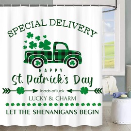 Jbralid Happy St Patrick's Day Shower Curtain Buffalo Check Plaid Clover Truck Loads of Luck Lucky and Charm Bath Curtain Farmhouse Waterproof Shower Curtains for Bathroom Decor with Hooks 72x72 Inch