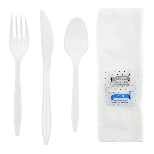 AmerCare Six Piece Meal Kit with 12 x 13 Napkin, Salt and Pepper Packets, White Medium Weight Fork, Knife, and Teaspoon, Case of 250