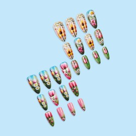 Flower Press on Nails Long Almond Shape Fake Nails Summer Glue on Nails with Tulips Daisy Design Acrylic Nails Full Cover Flower Nails Press on False Nails Tip Reusable Stick on Nails for Women 24PCS