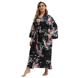 feslieacc Women's Long Silk Robes Plus Size Long Satin Robes Black Floral Long Silk Robes Dressing Gown, Black, 4XL/5XL