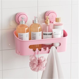 TAILI Shower Shelf No Drilling Shower Shelf Suction Cup Shower Organiser Large Capacity Bathroom Organiser No Drilling Bathroom Accessories for Shampoo Shower Basket Kitchen Organiser Pink