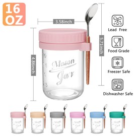 OcePor 6 Pack Overnight Oats Containers with Lids and Spoons, 16 OZ Glass Mason Overnight Oats Jars, Large Capacity Airtight Jars for Milk, Cereal, Fruit