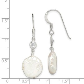925 Sterling Silver French wire Shepherd hook White Biwa disk Freshwater Cultured Pearl and CZ Cubic Zirconia Simulated Diamond Earrings 30x - Earring for Women