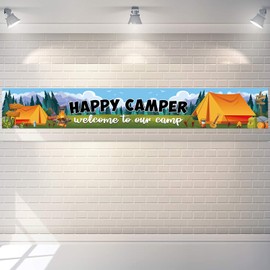 LOONELO Happy Camper Backdrop Banner with 118.1"X19.6", Long Size Polyester Fabric Camping Backdrop Banner Sign, Camping Supplies Background Photography for Camping Themed Party Decoration Supplies