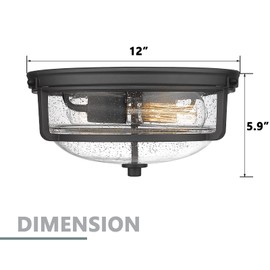 Emliviar 12 Inch Ceiling Light with Seeded Glass Shade - Indoor Outdoor Modern Flush Mount Ceiling Light Fixture, Black Finish, WE249F BK