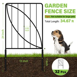 UIRWAY Garden Fence 32 Panels, Total 34.67ft (L) X24in (H) Decorative Garden Fencing with Leaf Pattern, Small Rustproof Metal Garden Fences and Borders for Dogs, Black