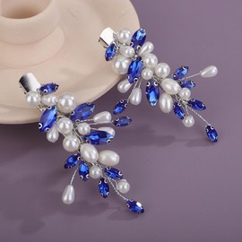 Teyglen 2Pcs Blue Rhinestone Hair Clips with Pearl Crystal Wedding Hair Barrette for Bride Wedding Hair Accessories Handmade Crystal Bridal Hair Clips Pins for Women (Blue)