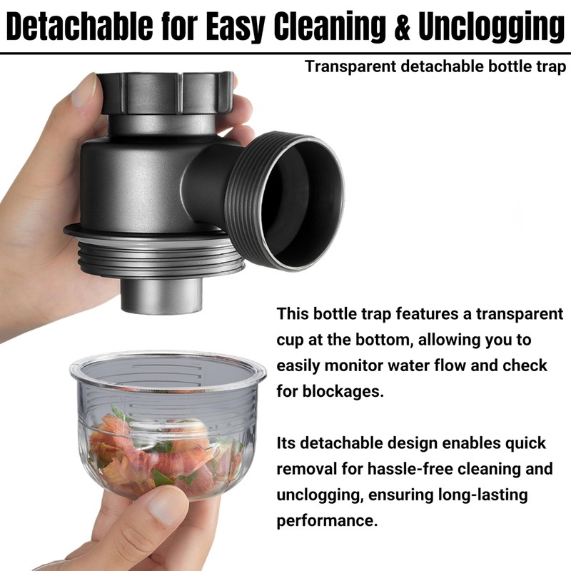 1-1/2"×1-1/2" Clear Removable Bottle Trap, P-Trap Replacement, Easy Cleaning, for