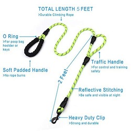 DDSCOLOUR Heavy Duty Dog Leash 5-6ft Long With Double Traffic Handle Reflective Perfect for Medium large dog leash strong Double Handle Lead ，Greater Control Safety Training (Green)